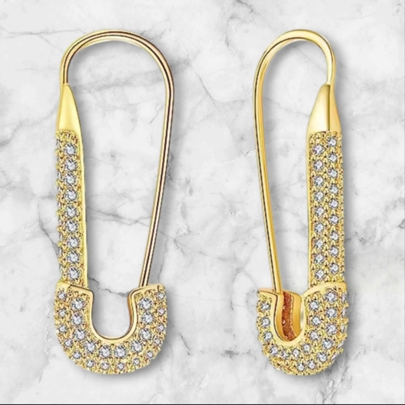 14K CZ Safety Pin Earrings - Picture 1 of 4